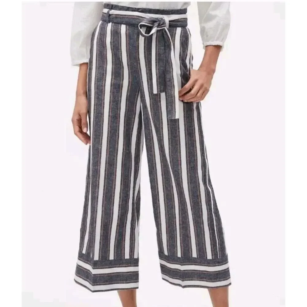 Banana Republic 0 Women LINEN Pants‎ Wide Leg Crop High Rise Striped Blue